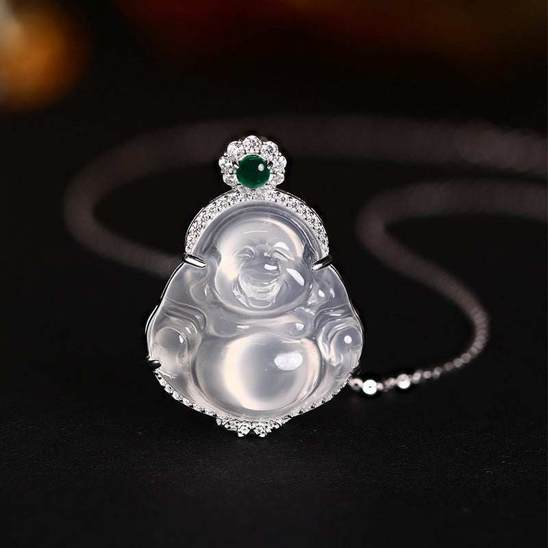 Ice Chalcedony Buddha Pendant Necklace S925 Sterling Silver