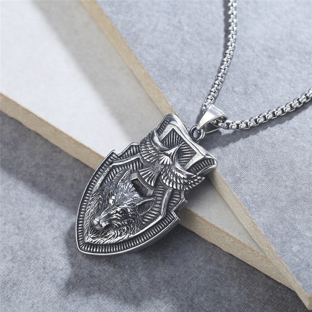 Planderful Titanium Steel Pendant Unisex Shield With Retro Eagle Wolf Design Bold Protection Jewelry