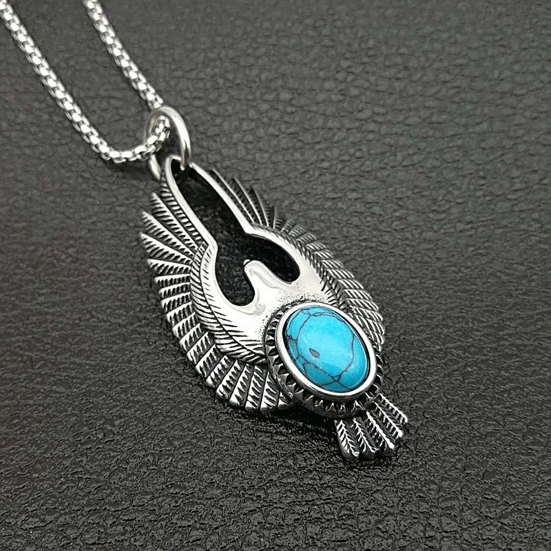 Planderful Turquoise Eagle Pendant Necklace Unisex Durable Titanium Steel Punk Retro Accessory For Men And Women