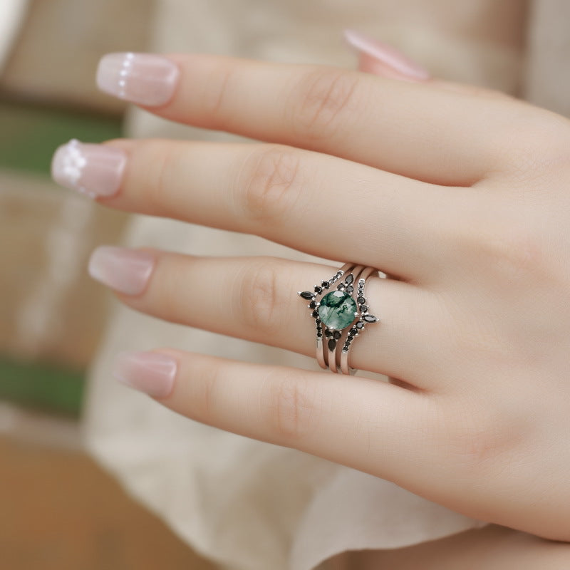 Planderful Jewelry Sterling Silver Agate Ring With Green Moss Aquatic Stone V Shaped Design