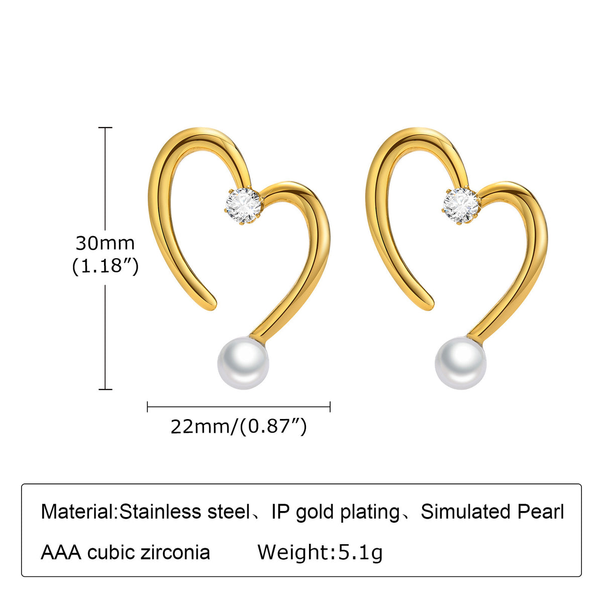 Stainless Steel Zircon Pearl Heart Earrings