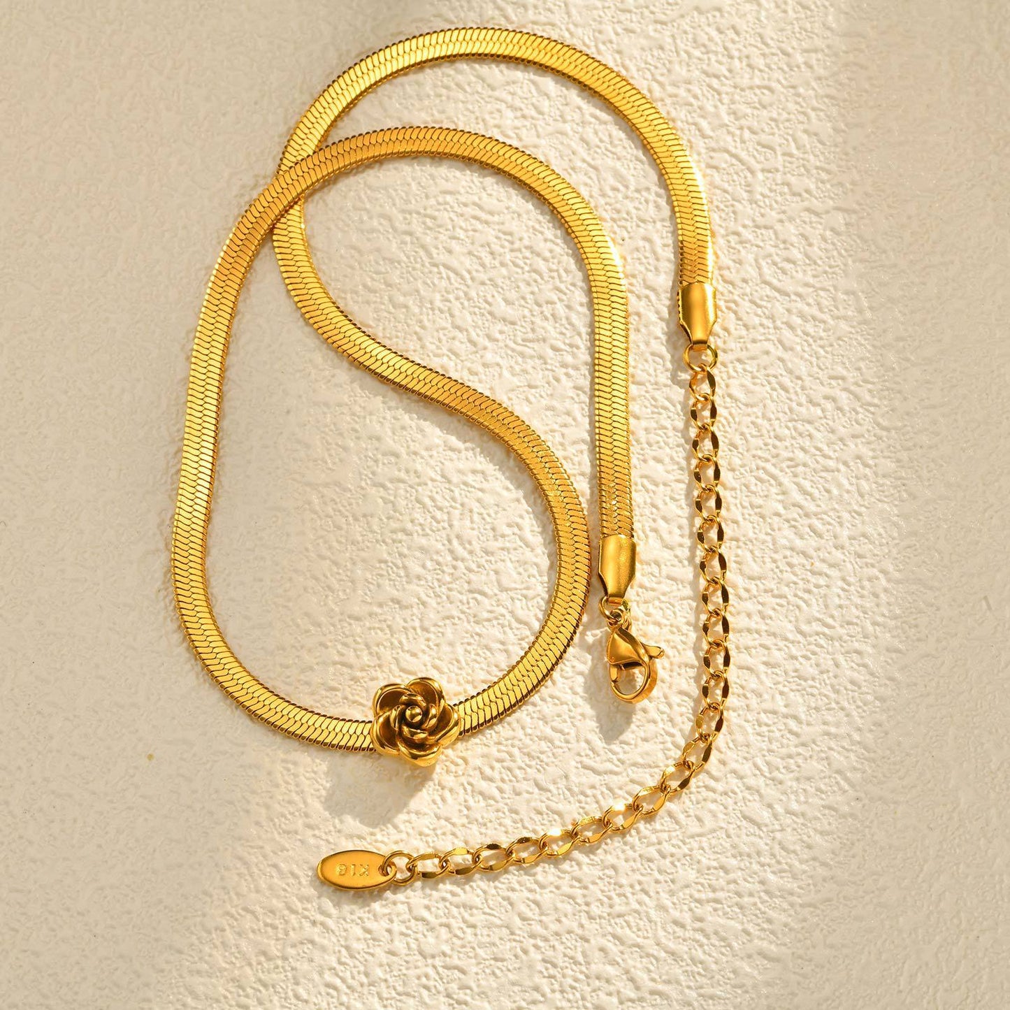 Stainless Steel Ladies Flower Snake Chain Rose Blade Chain Necklace Gold