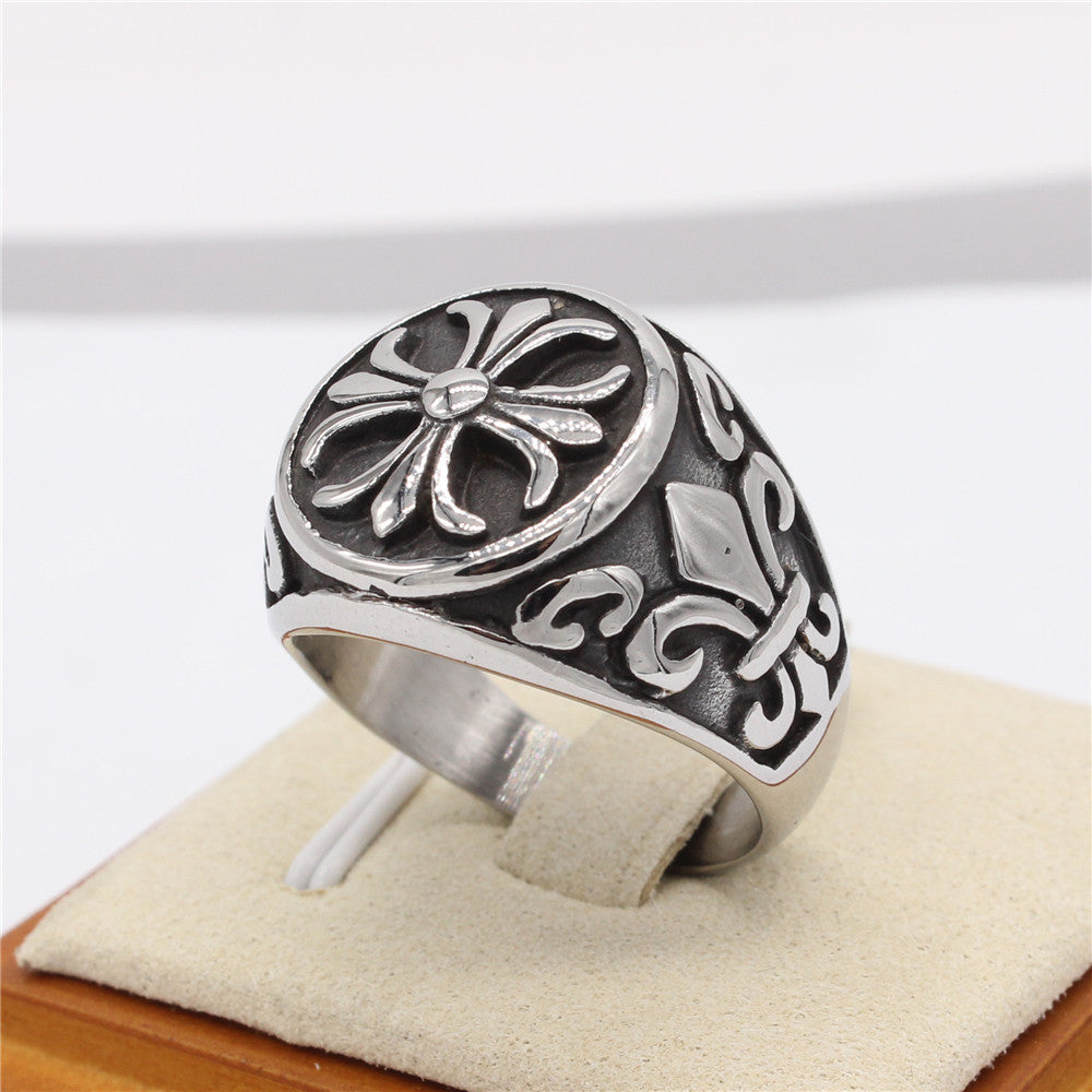 Relief Cross Flower Round Titanium Steel Ring for Men