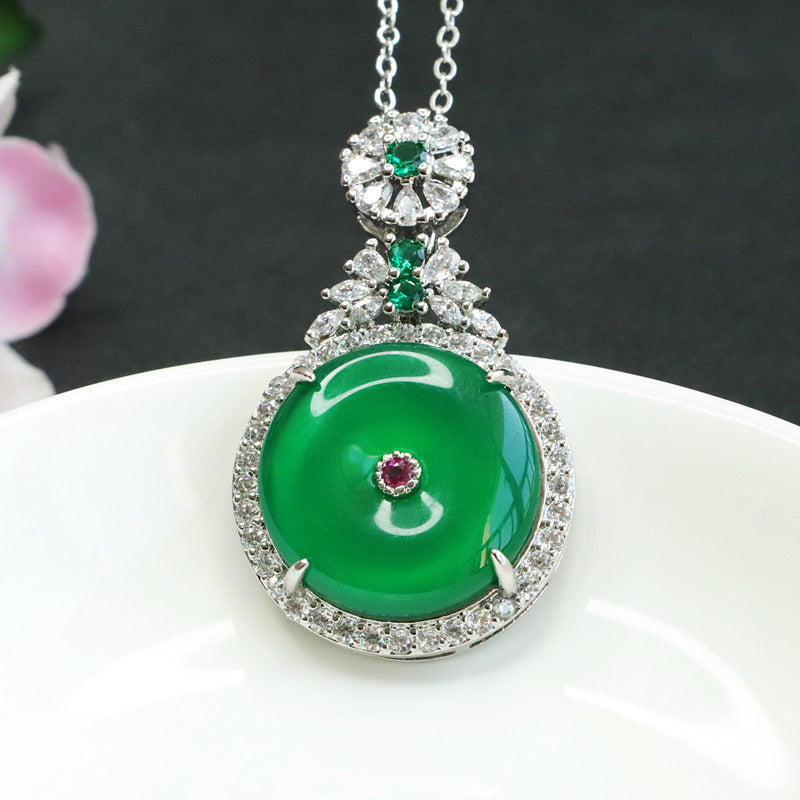 Green Chalcedony Fortune's Favor Sterling Silver Necklace with Zircon Pendant