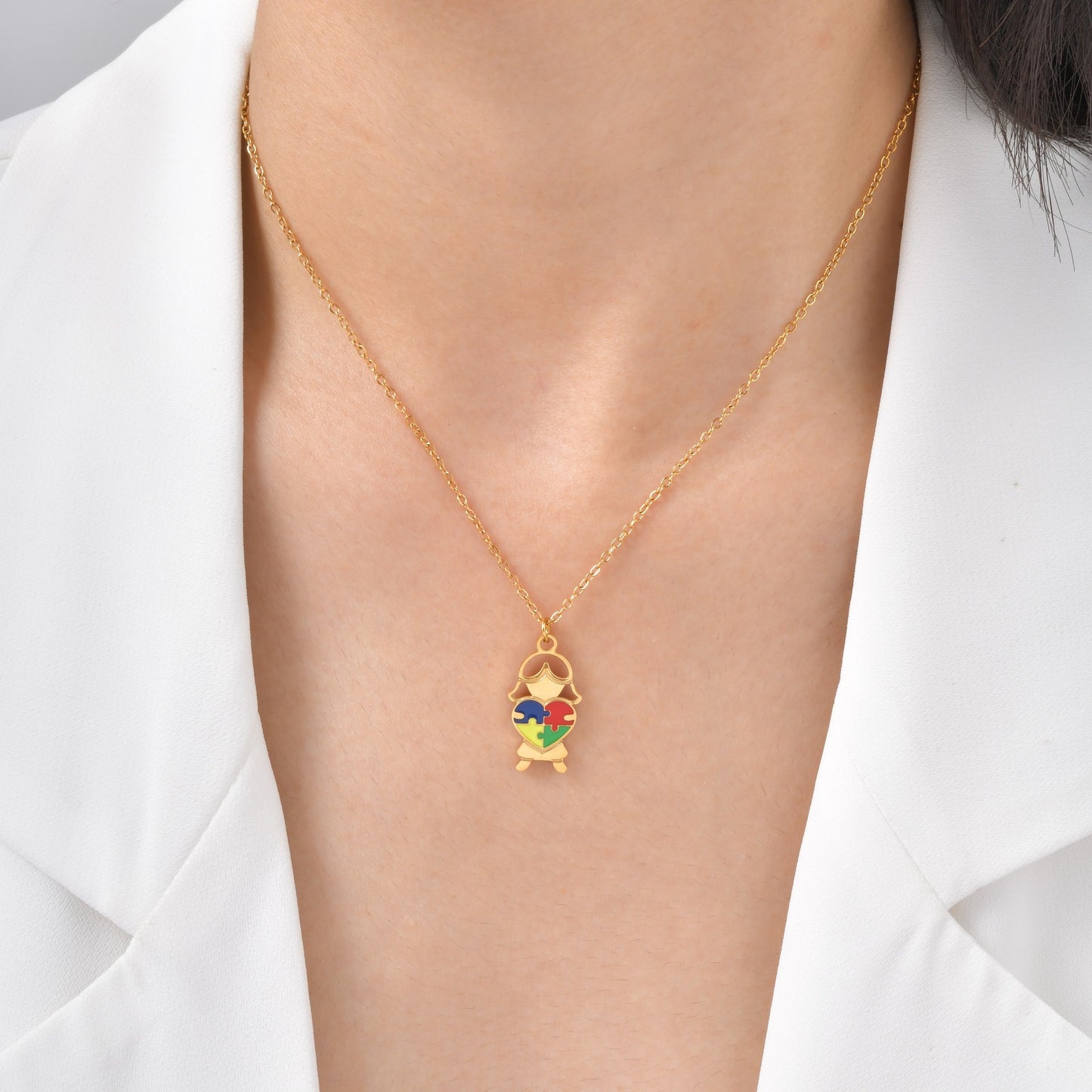 Stainless Steel Epoxy Heart-Shaped Puzzle Children's Necklace