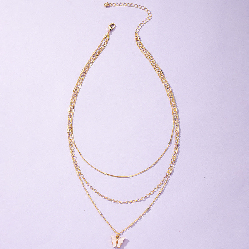 Elegant 3-Layer Butterfly Necklace with Multi-color Layers for Women, Stylish Sweater Chain