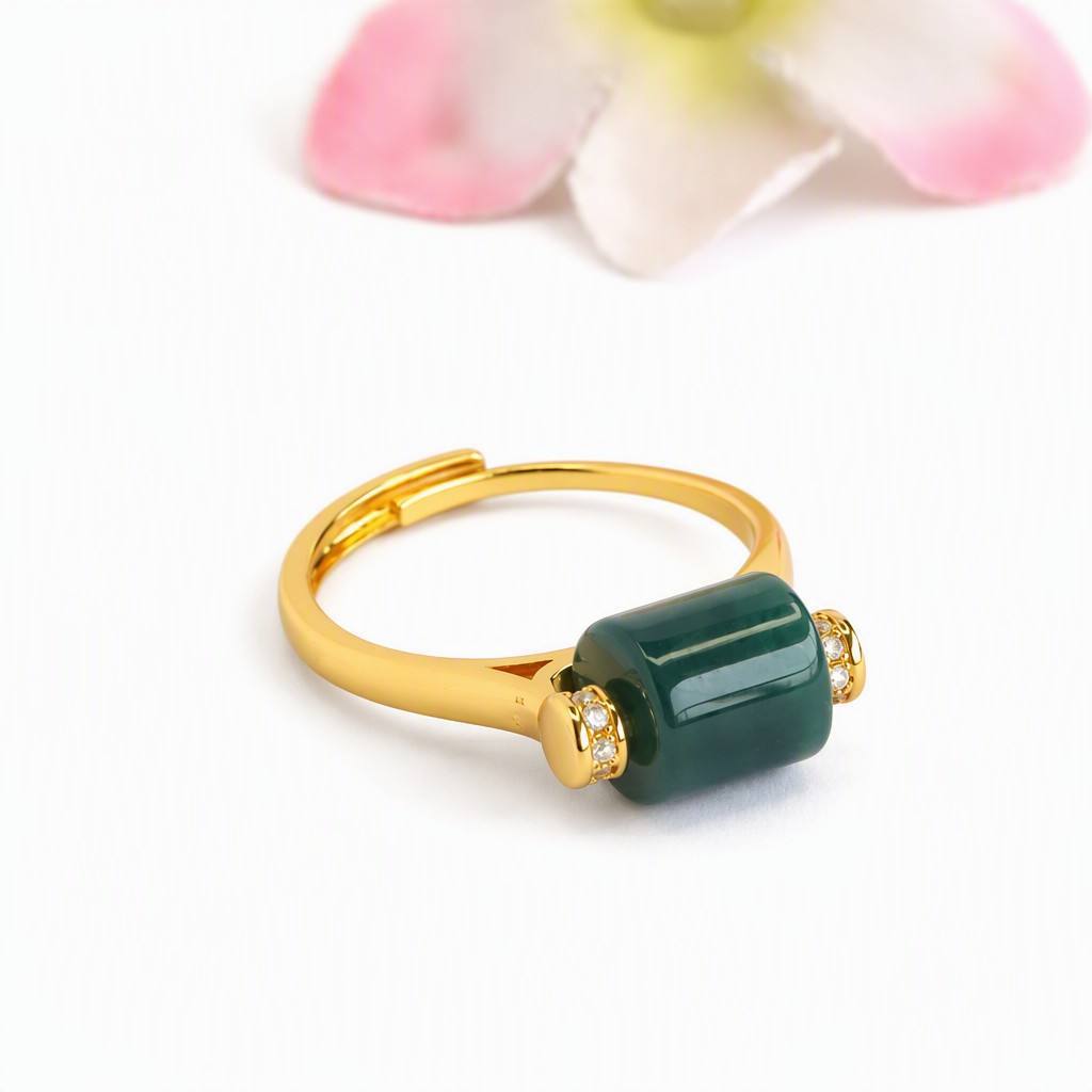 Blue-Water Jadeite Barrel Bead Ring