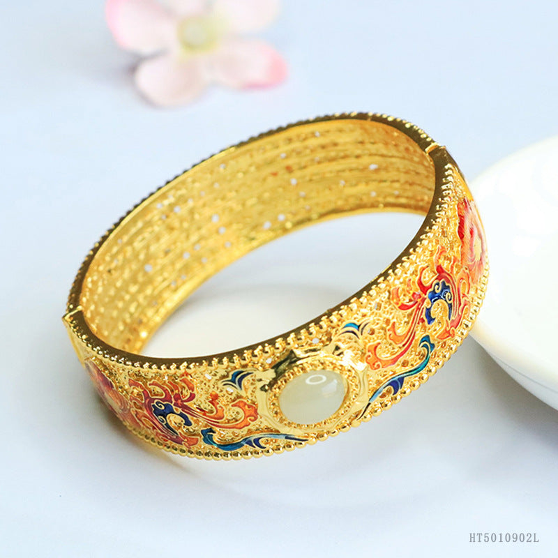 Qingshui Hetian Jade Enamel Dragon & Phoenix Bangle