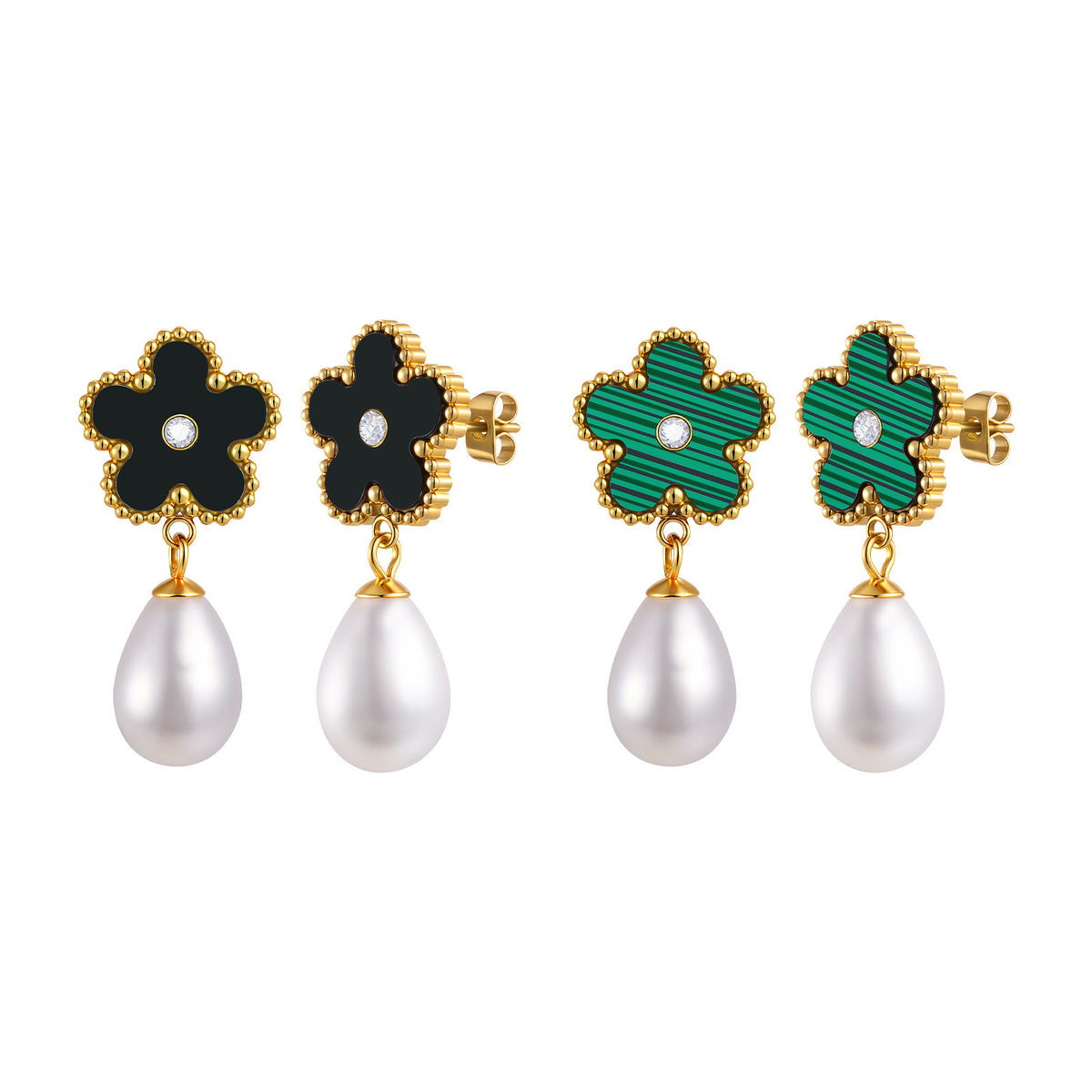 Stainless Steel Zircon Pearl Floral Earrings