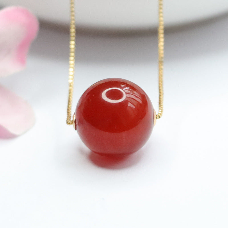 14 mm Red Agate Bead 18K Gold-Set Pendant — No Chain