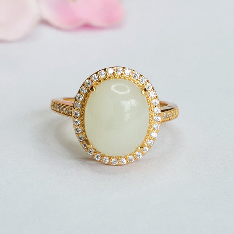 Sterling Silver Jade Halo Ring with Zircon Accent