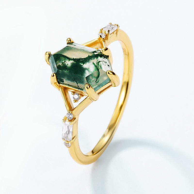 S925 Sterling Silver Gold-Plated Moss Agate Signature Ring