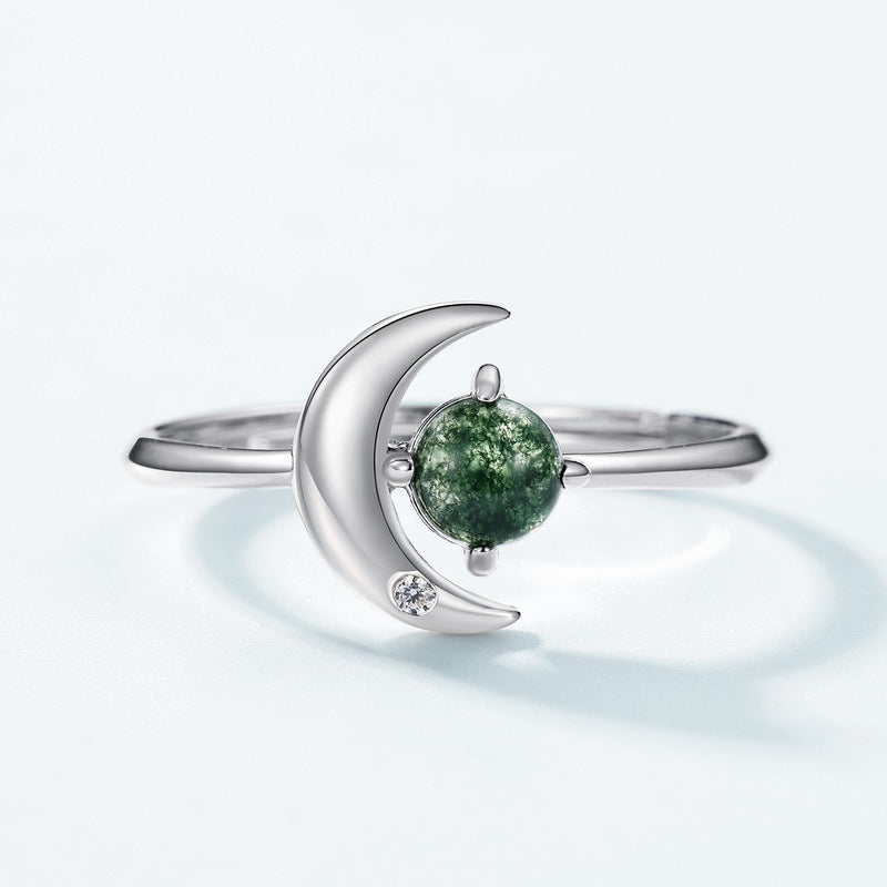 S925 Sterling Silver Moss Agate Star & Moon Ring