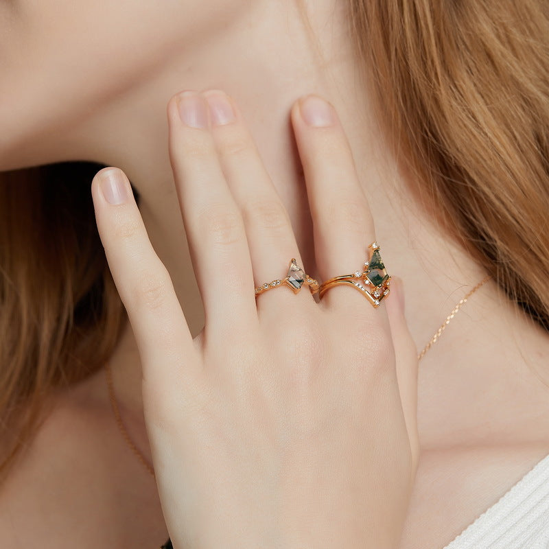 S925 Sterling Silver Gold-Plated Moss Agate Geometric Ring