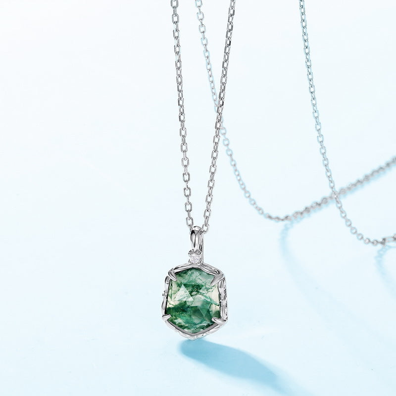 S925 Sterling Silver Moss Agate Geometric Vintage-Inspired Necklace