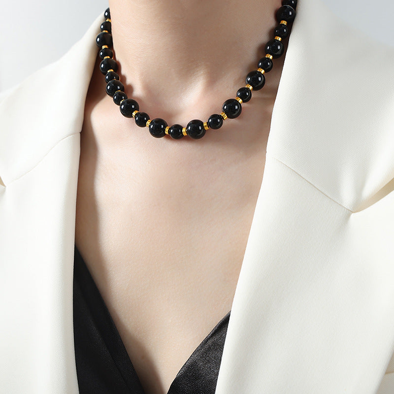 Black Agate Beaded Necklace with OT Buckle - Handcrafted Luxury Jewelry