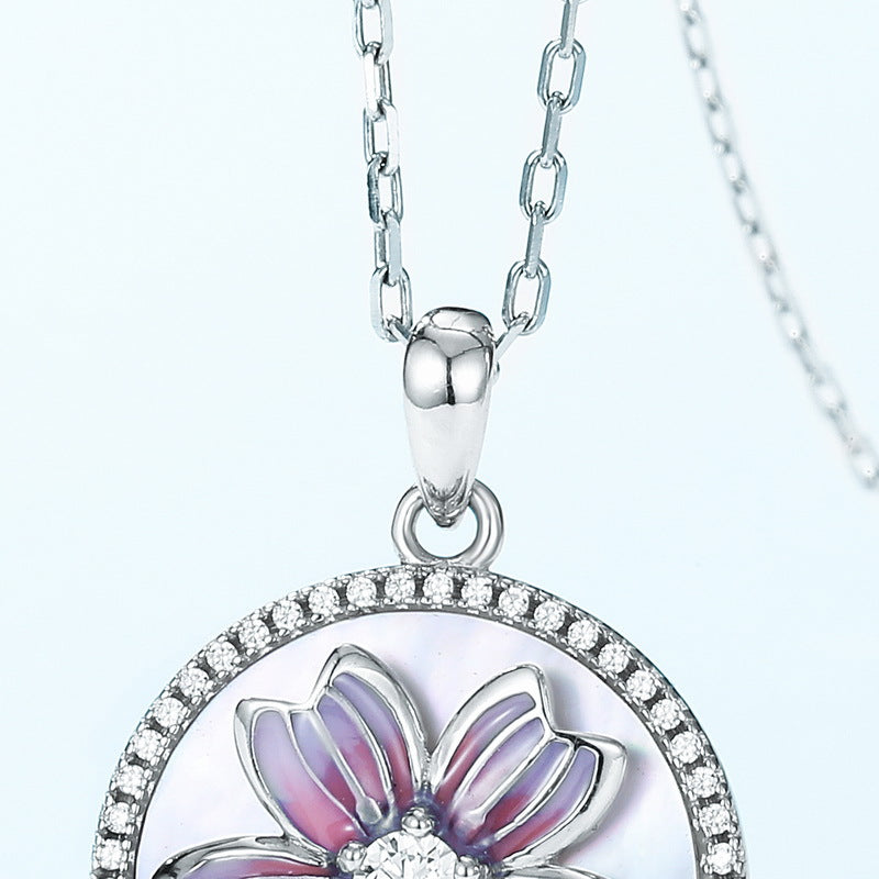 Purple Enamel Orchid Round Shape Pendant Zircon Sterling Silver Necklace