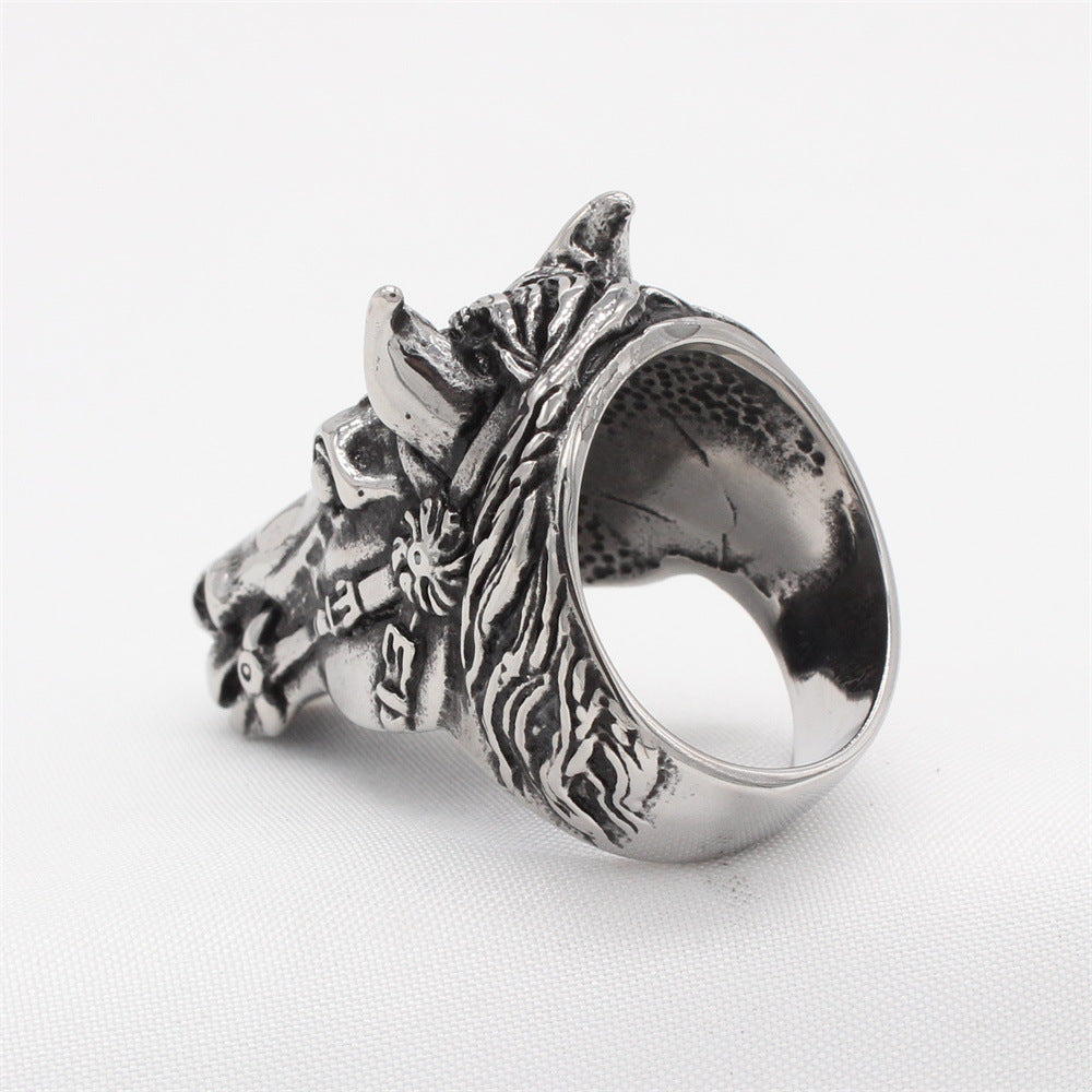 Planderful Titanium Steel Ring For Men Unisex Retro White Horse Design Size 7-12