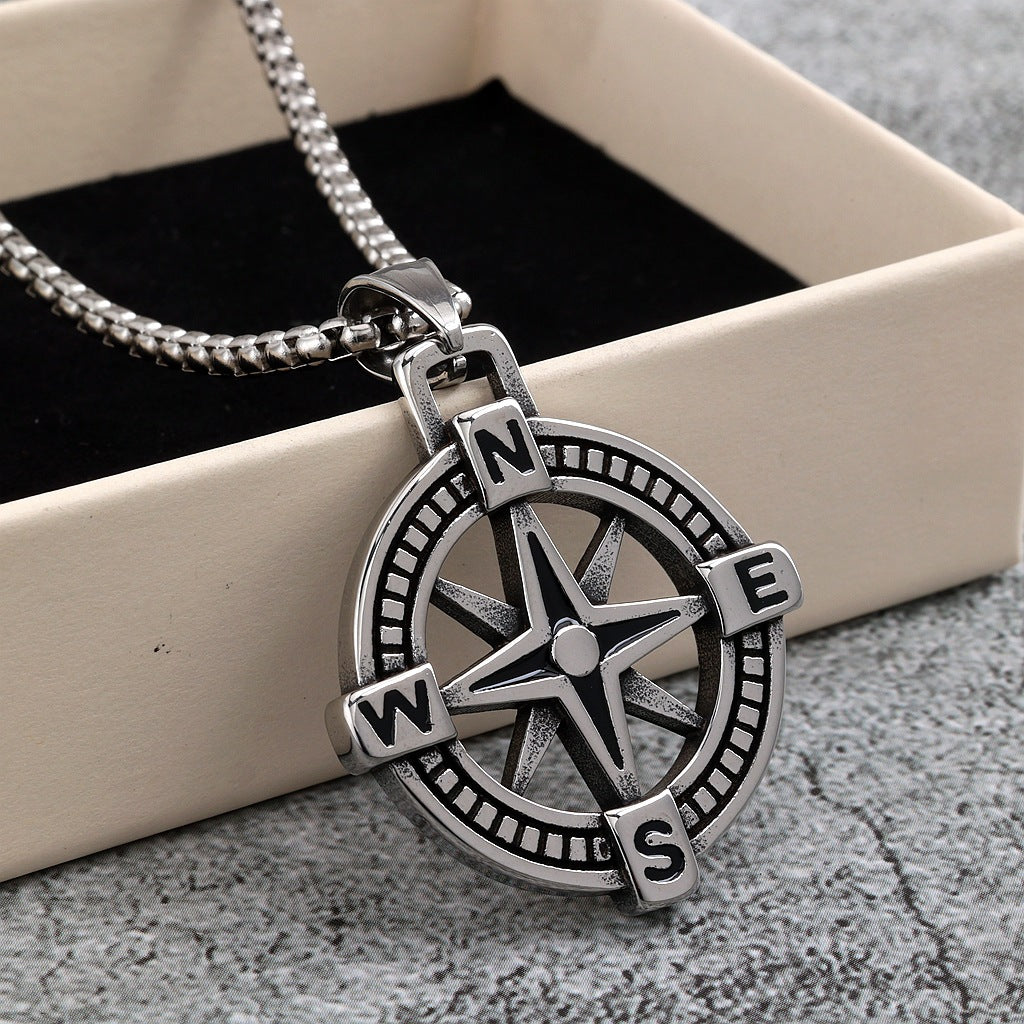 Vintage Compass Stainless Steel Men's Pendant Necklace