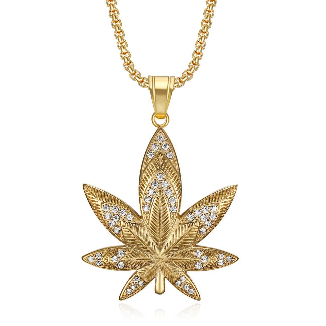 Planderful Everyday Genie Hip Hop Necklace Stainless Steel Premium Gold Plated Zircon Maple Leaf Pendant For Urban Fans