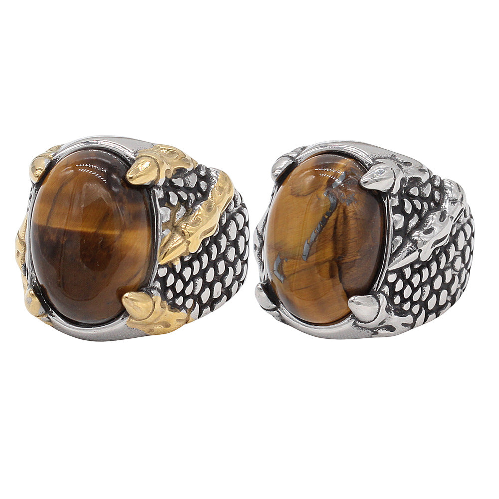 Planderful Jewelry Tiger Eye Ring In Titanium Steel For Men Dragon Claw Retro Style