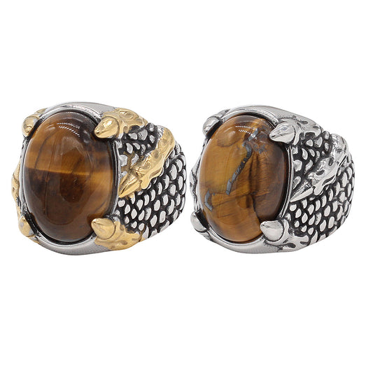Planderful Jewelry Tiger Eye Ring In Titanium Steel For Men Dragon Claw Retro Style