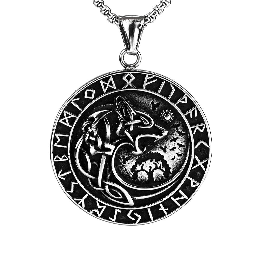 Vintage Stainless Steel Men's Pendant Viking Wolf Compass