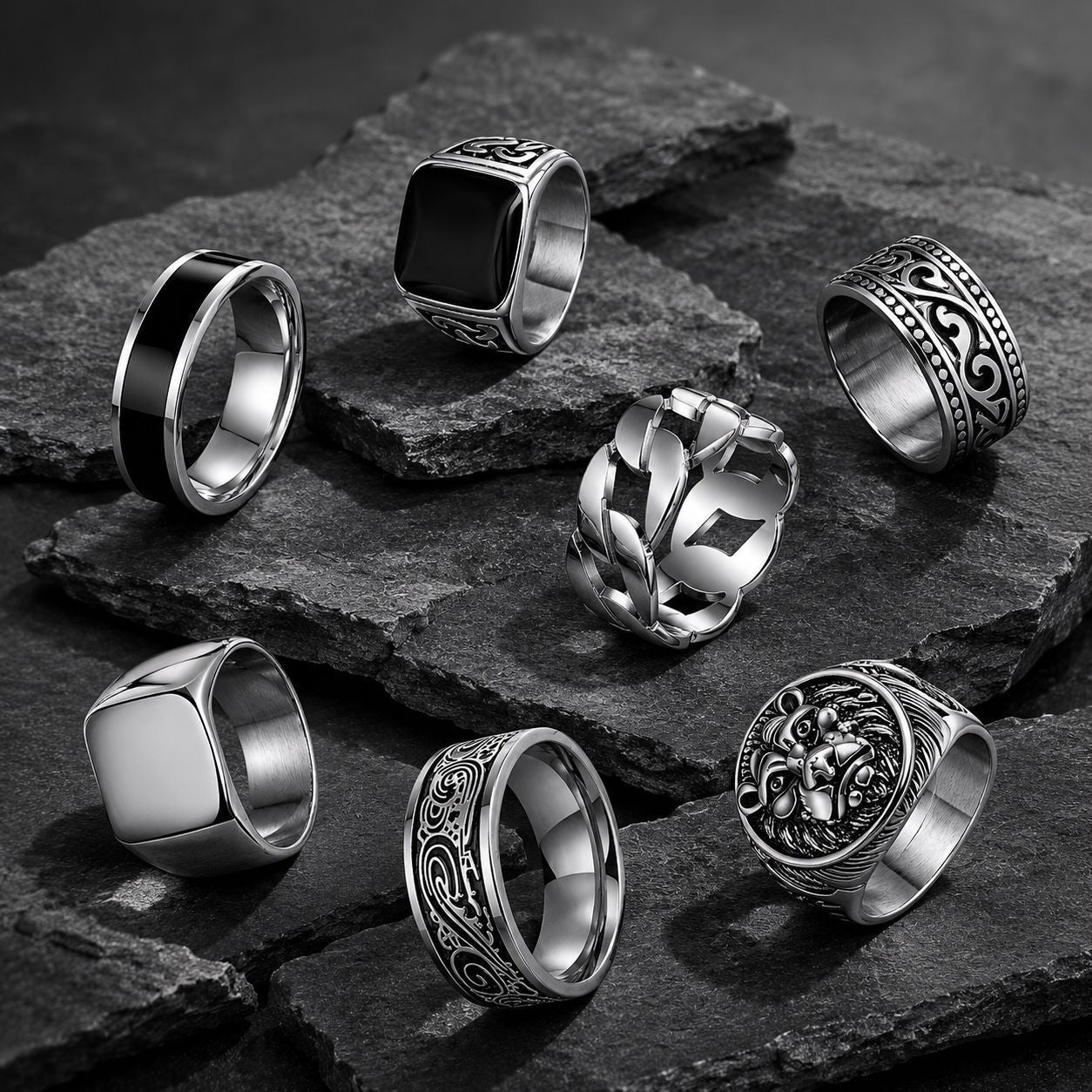 Mens Retro Engraved Lion Head Ring Set by Planderful Everyday Genie Unisex Protection Statement European American Style
