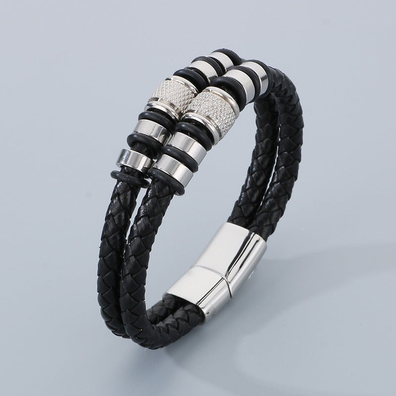 Business Style Double-Strand Woven Leather Rope Bracelet – Punk Stainless Steel Beaded
