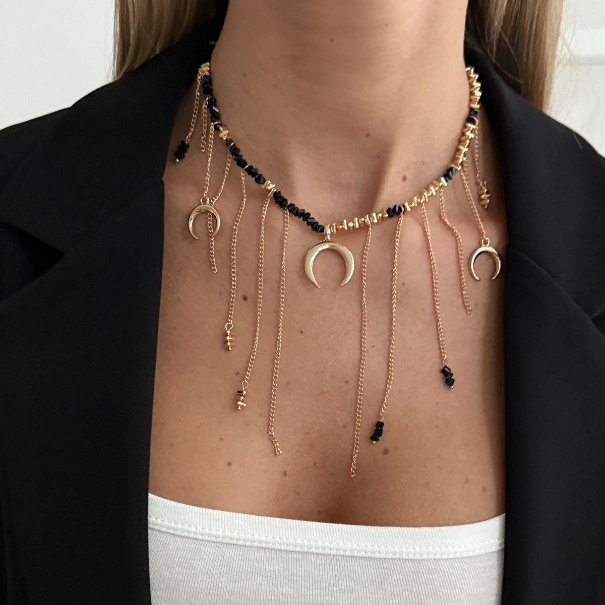 Crescent Bead Fringe Collarbone Necklace