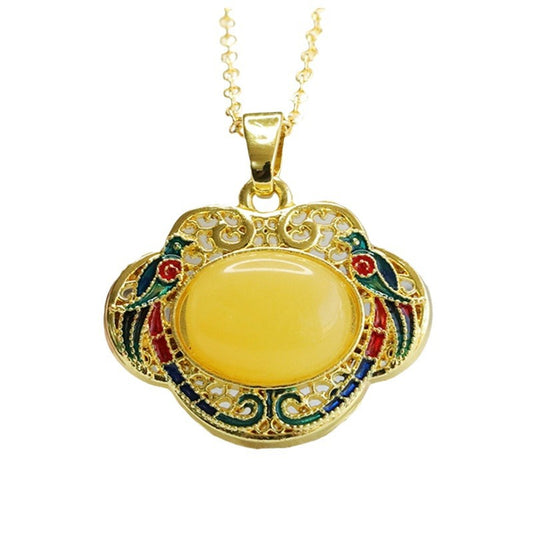 Enamel Amber Ruyi Pendant with Sterling Silver Bee Amber Gem - Fortune's Favor Collection