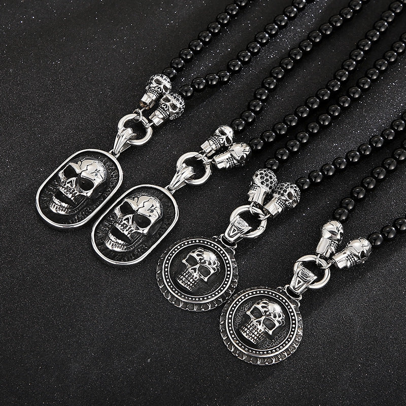 Titanium Steel Skull Necklace with Dark Zircon-Studded Ghost Head Agate Beads for Men