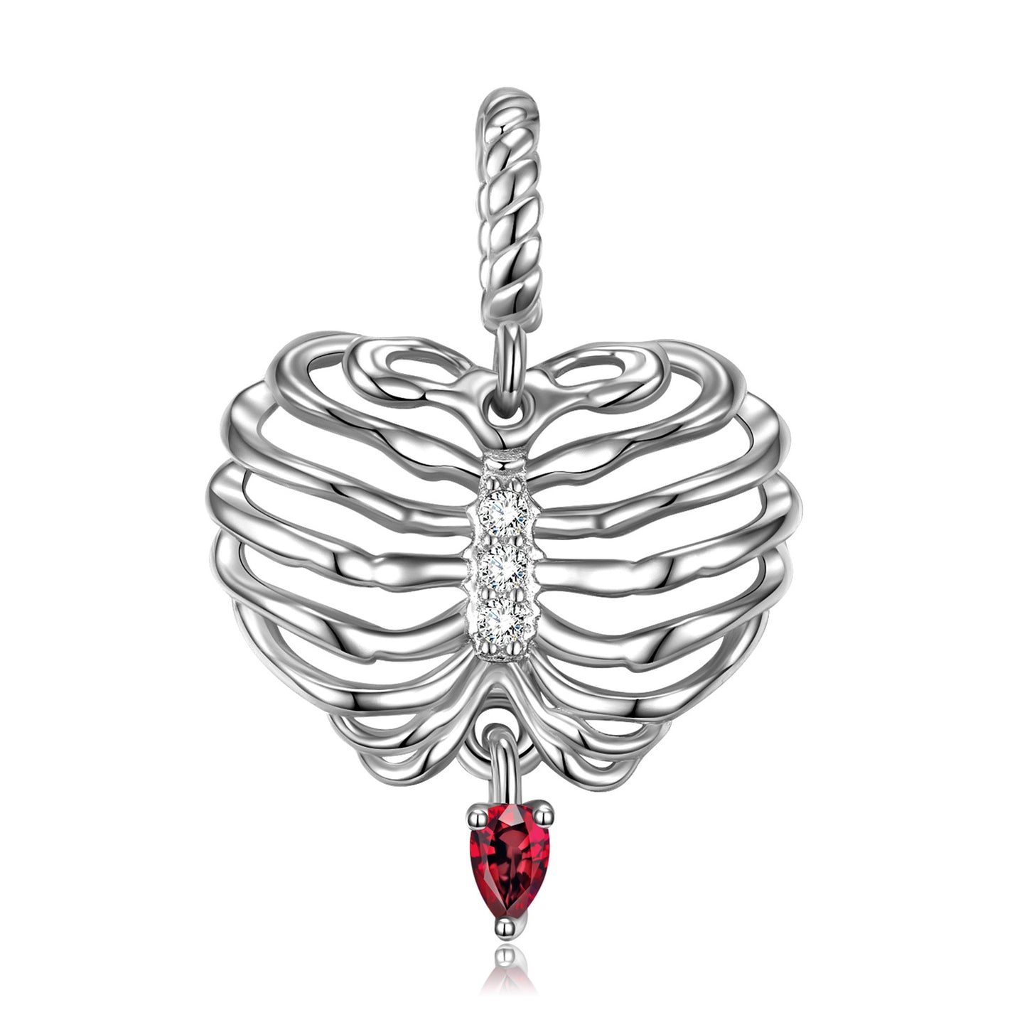 Halloween Body Skeleton Pear Shape Red Zircon Silver Necklace