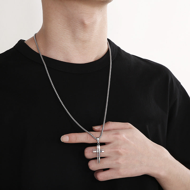 Stylish Three-Dimensional Hollow Stainless Steel Cross Pendant for Men - Korean-Inspired Personalized Jewelry