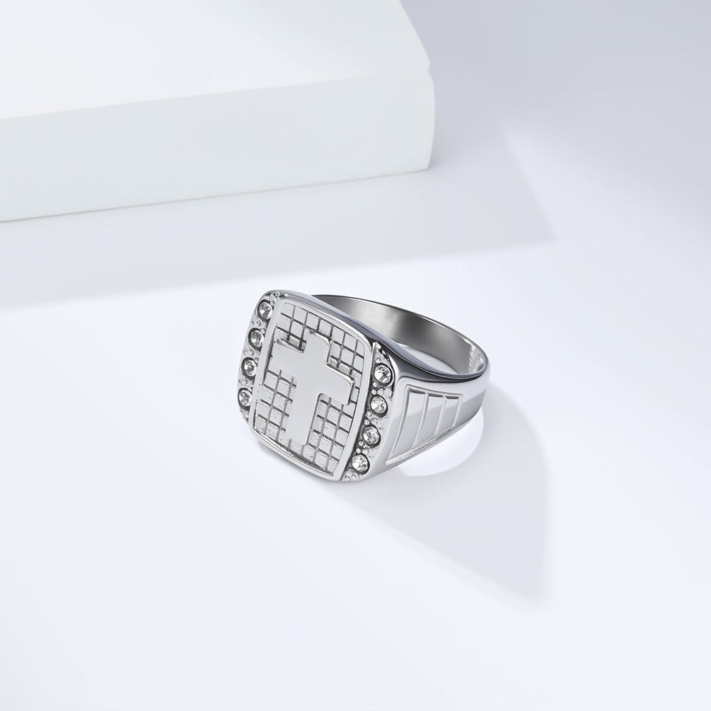 Planderful Cross Titanium Steel Ring For Men With Zircon Inlay Everyday Genie Luxury Jewelry