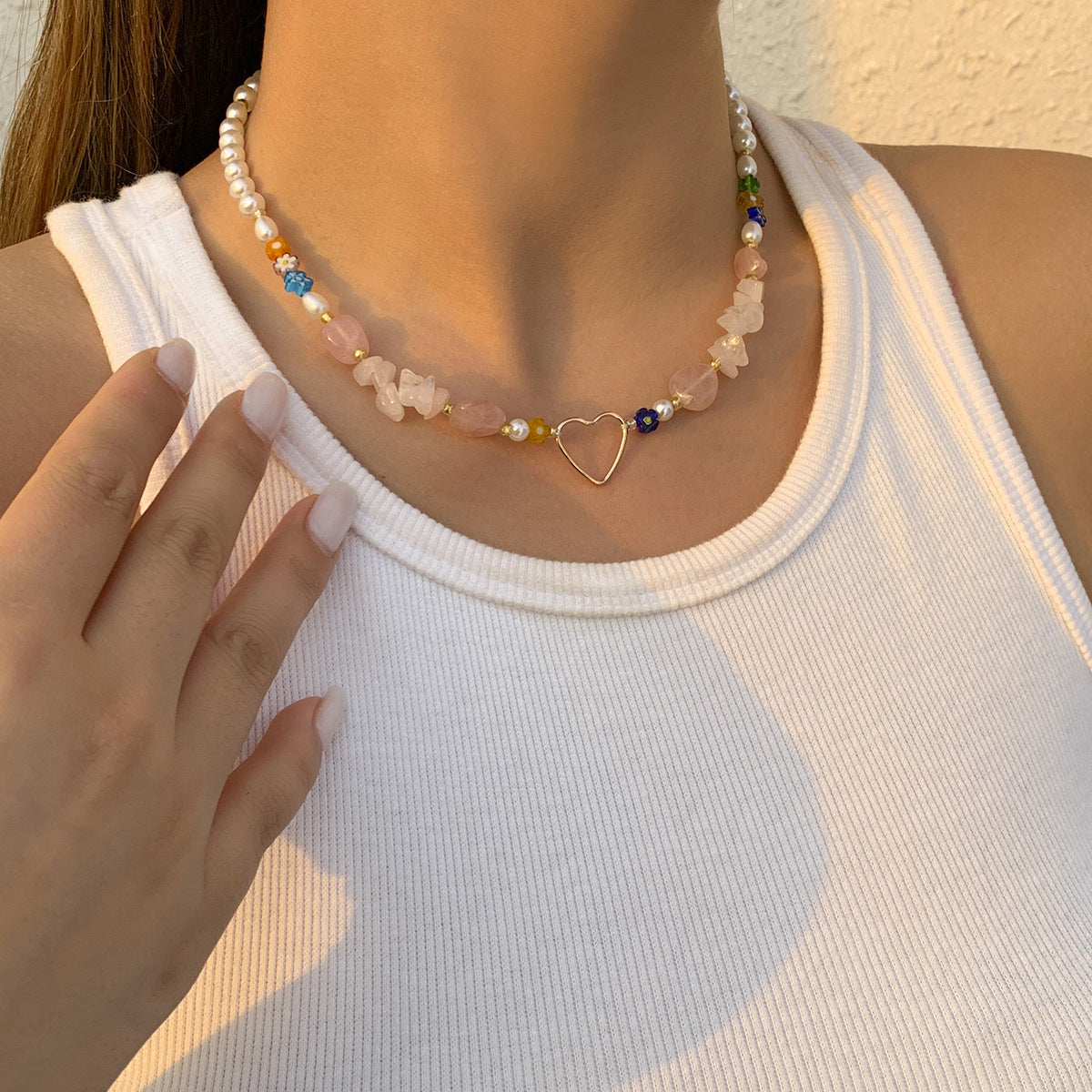 Planderful Vienna Verve Flower Heart Necklace For Women, Retro Spliced Layered Multi Heart Gravel Statement Jewelry