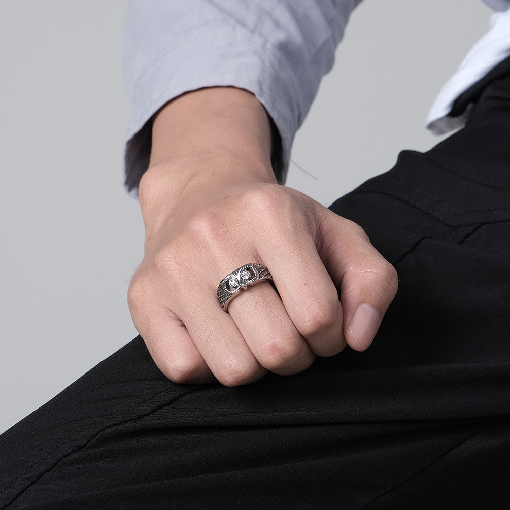 Planderful Titanium Steel Owl Zircon Ring Unisex Hip Hop Style Jewelry for Men and Women