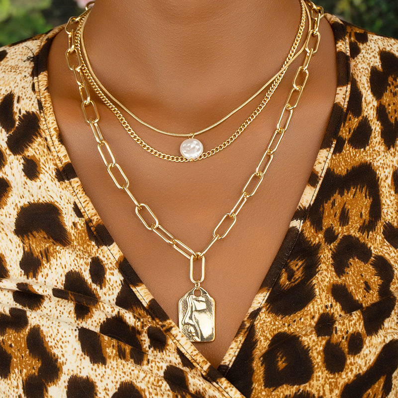 Triple Pearl Layer Necklace with Cross-Border Charm