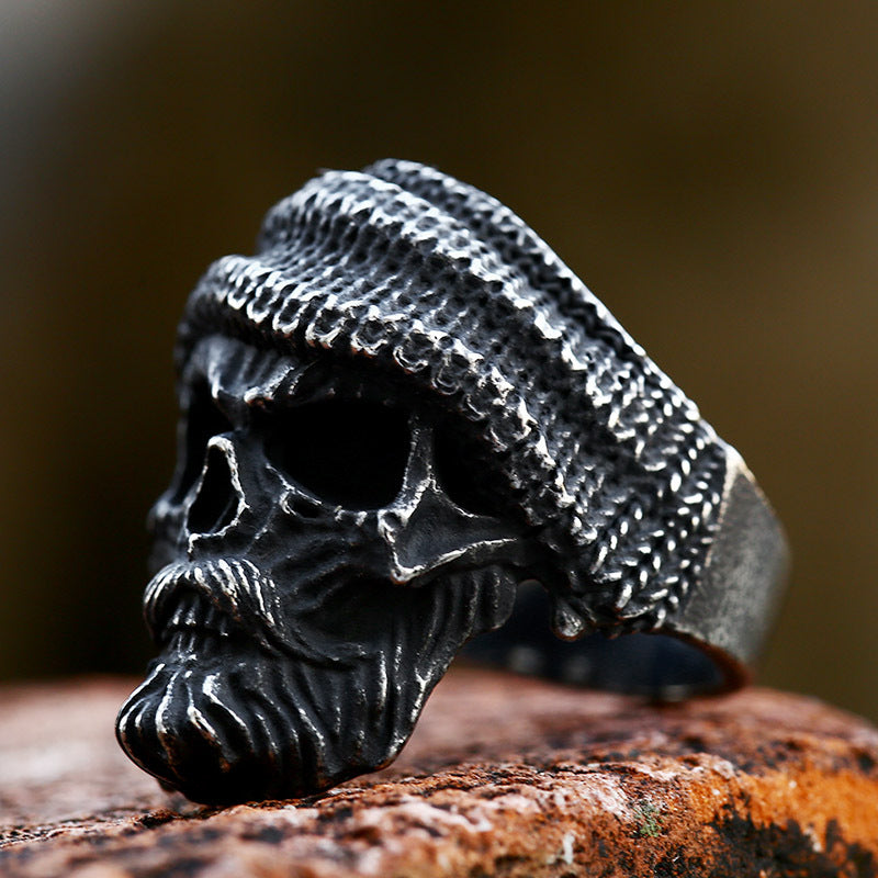 Vintage Stainless Steel Skull Hat Ring for Men - Bearded Old Man Design in Titanium Steel