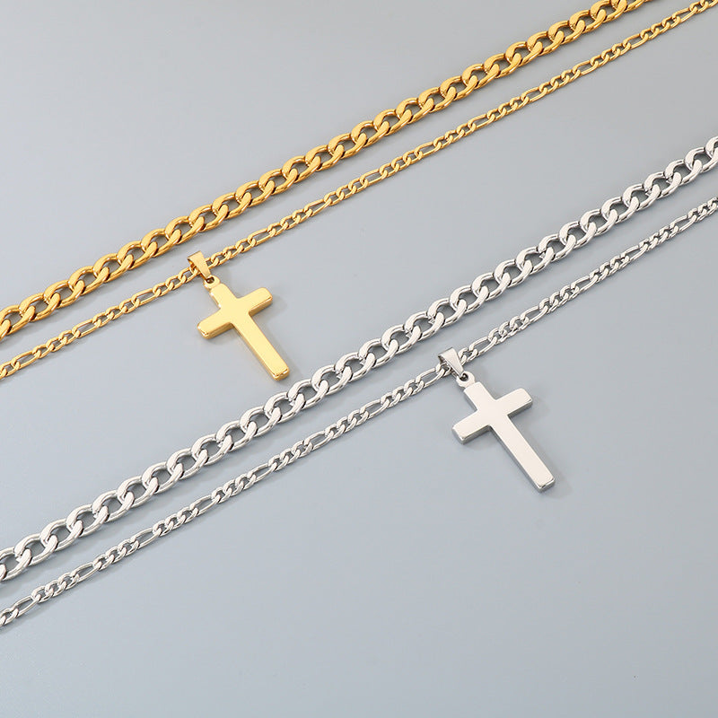 Retro Lettering Cross Necklace, And Nk Chain Double-Layer Stacked Stainless Steel Men's Necklace