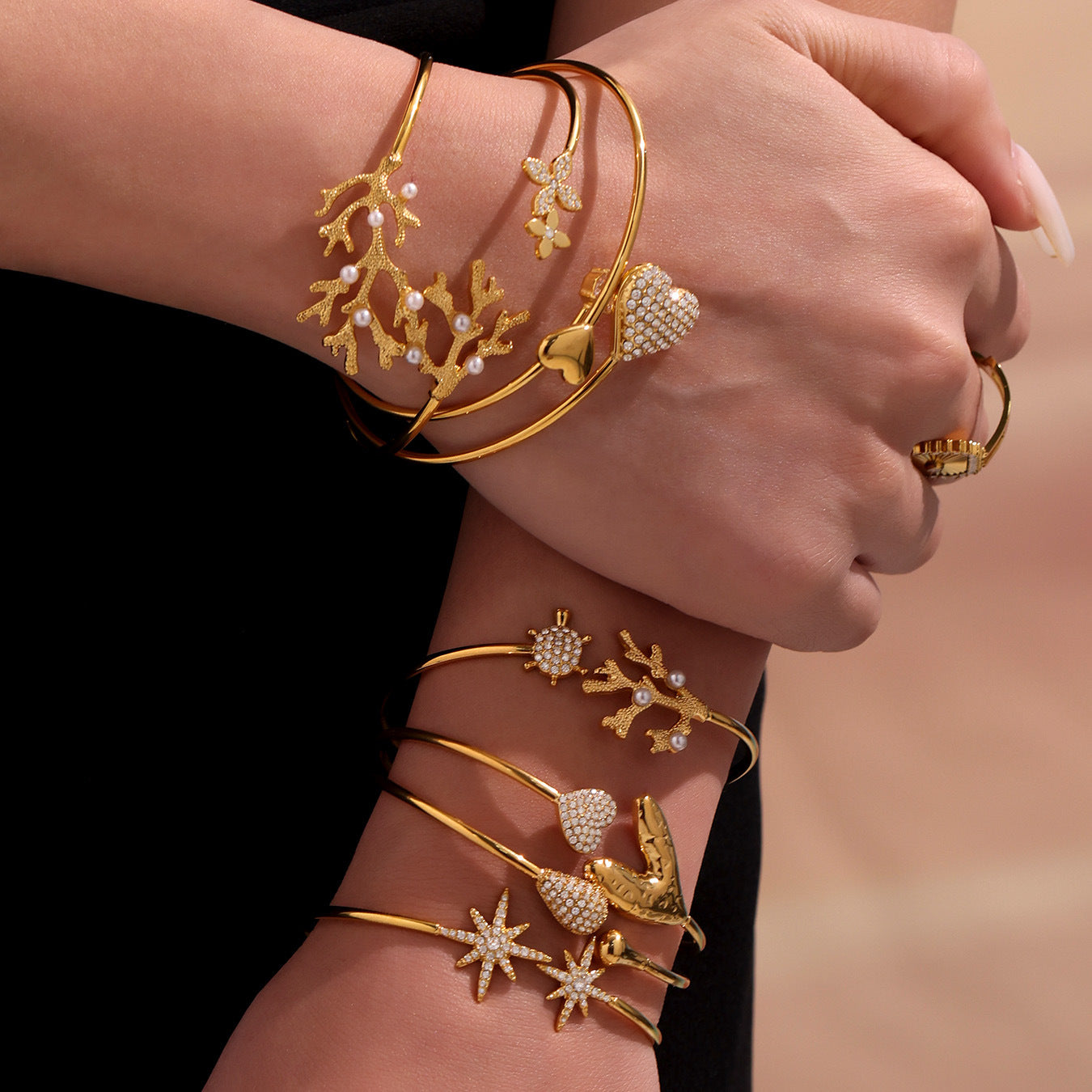 Planderful Coral Bead Opening Bracelet For Women 18K Gold