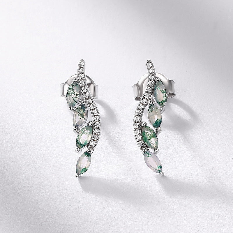 S925 Sterling Silver Moss Agate Minimalist Drop Earrings