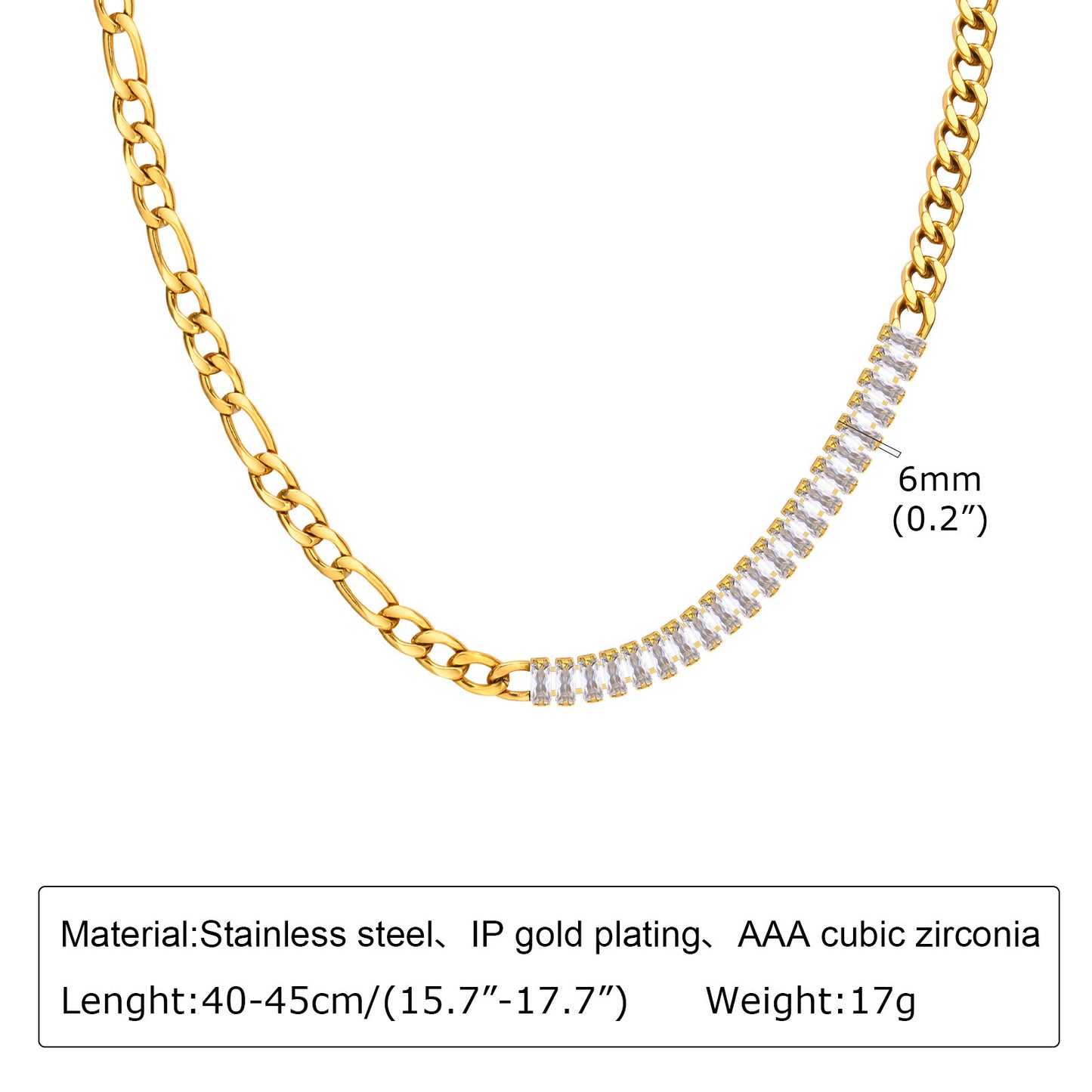 Stainless Steel Rectangle White Zircon Cuban Chain Necklace Gold