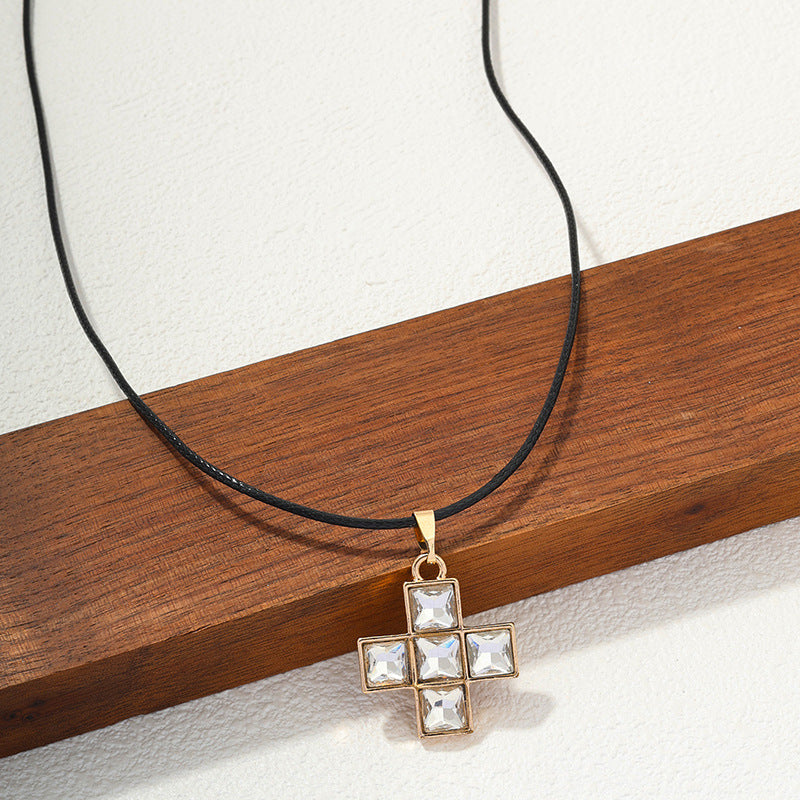 Retro Black Leather Rope Glass Cross Necklace for Women