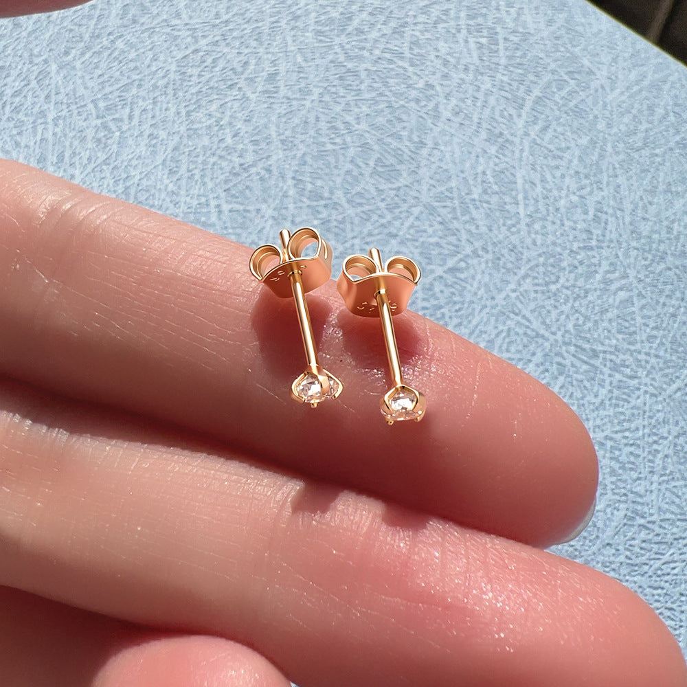 925 Sterling Silver Four-Claw 3mm Zircon Mini Small Stud Earrings, And Round Ear