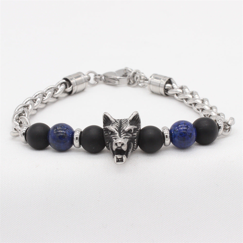 Planderful Everyday Genie – Hip Hop Stainless Steel Keel Chain Frosted Agate Tiger's Eye Wolf Head Bracelet