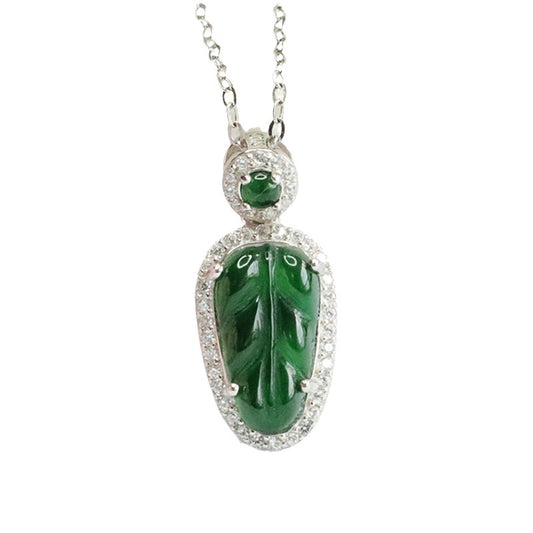 S925 Silver Natural Jade Leaf Pendant Emperor Green Jade Zircon Necklace