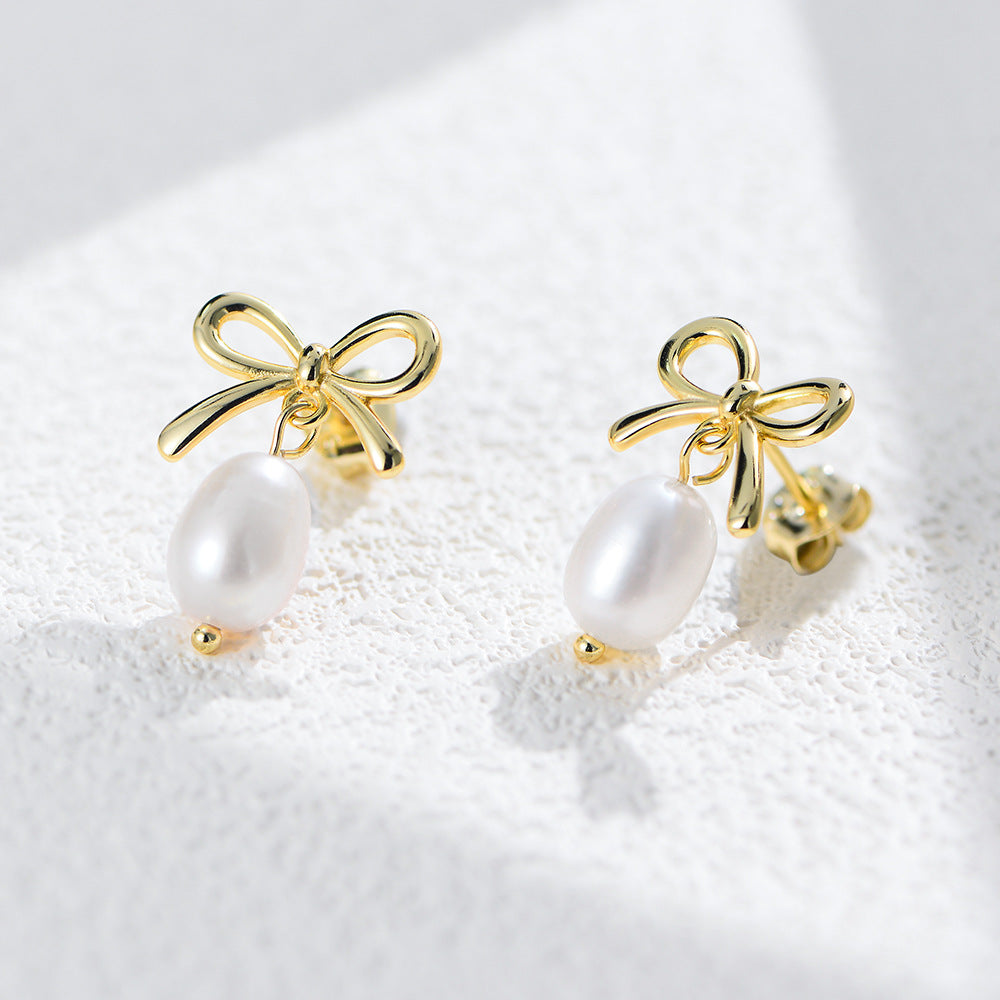 Planderful Sterling Silver Pearl Earrings Bow Pendant Natural Freshwater Pearls for Women Luxury Everyday