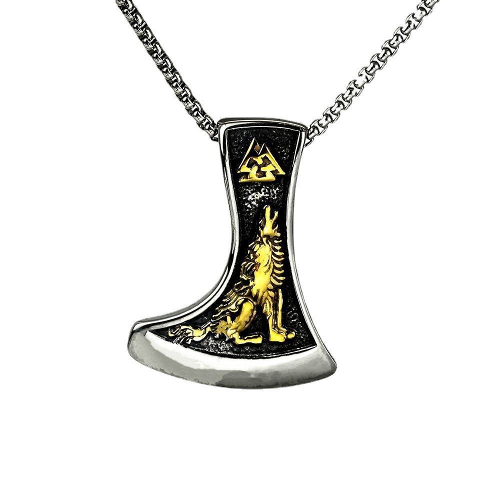 Vintage Men's Stainless Steel Viking Triangle Wolf Pendant