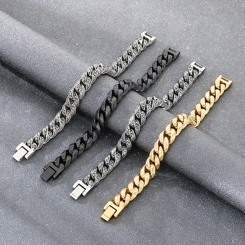 Cast Pattern – Punk Style 13mm Tang Grass Pattern Cuban Chain Titanium Steel Men's Bracelet